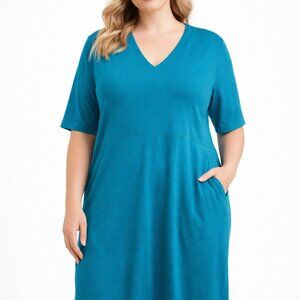 Habitat V-Neck Midi Dress Stretch Jersey Teal Blue Size XL Casual Travel